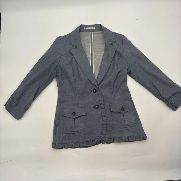 maurices Cotton Denim Blue  Blazer Cotton With Ruche Sleeves  2 Front Pocket Med - Picture 3 of 15